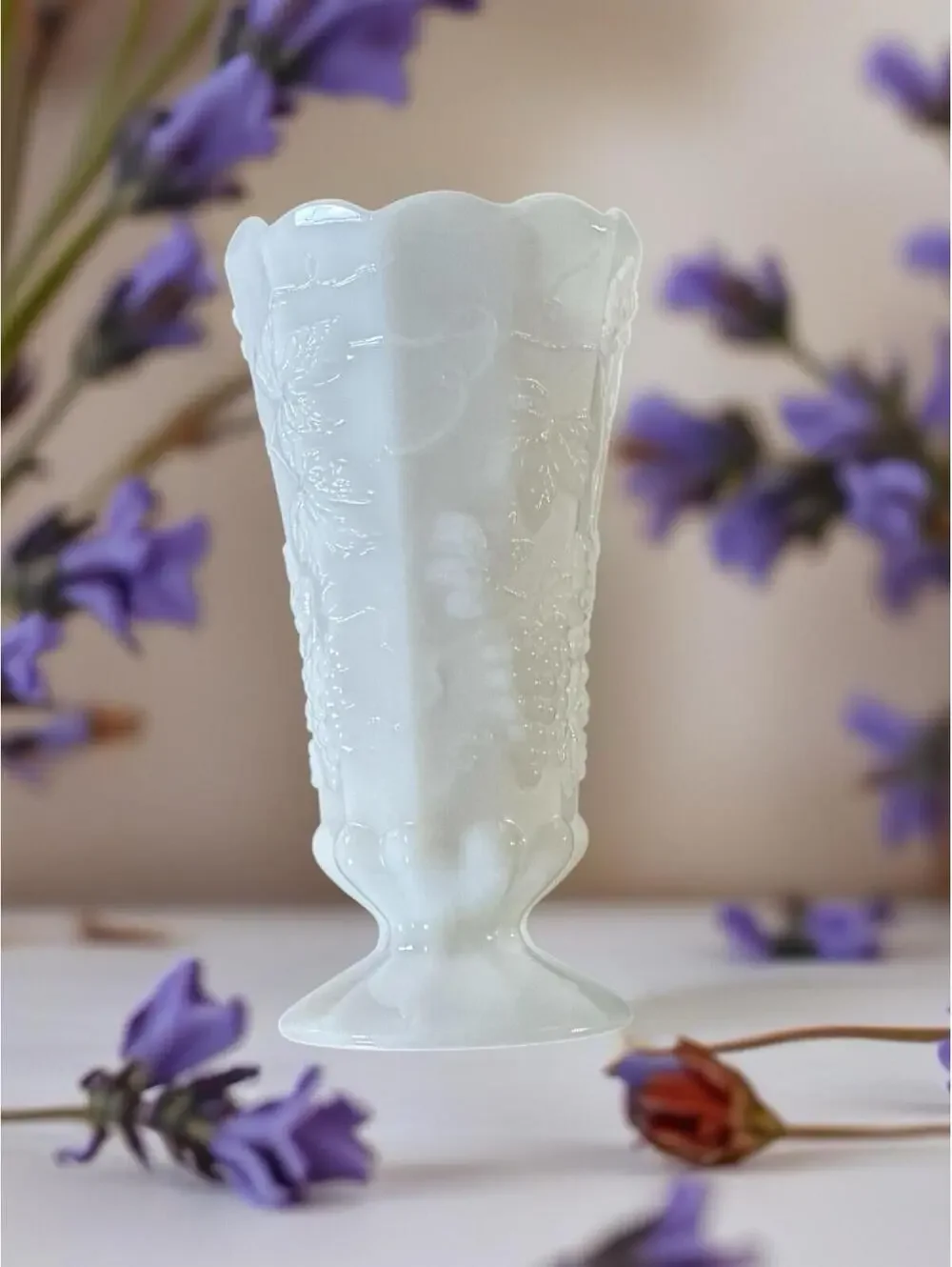 Vtg Pedestal Scalloped Edge Milk Glass Paneled Vase Grapes Motif, 10” Tall